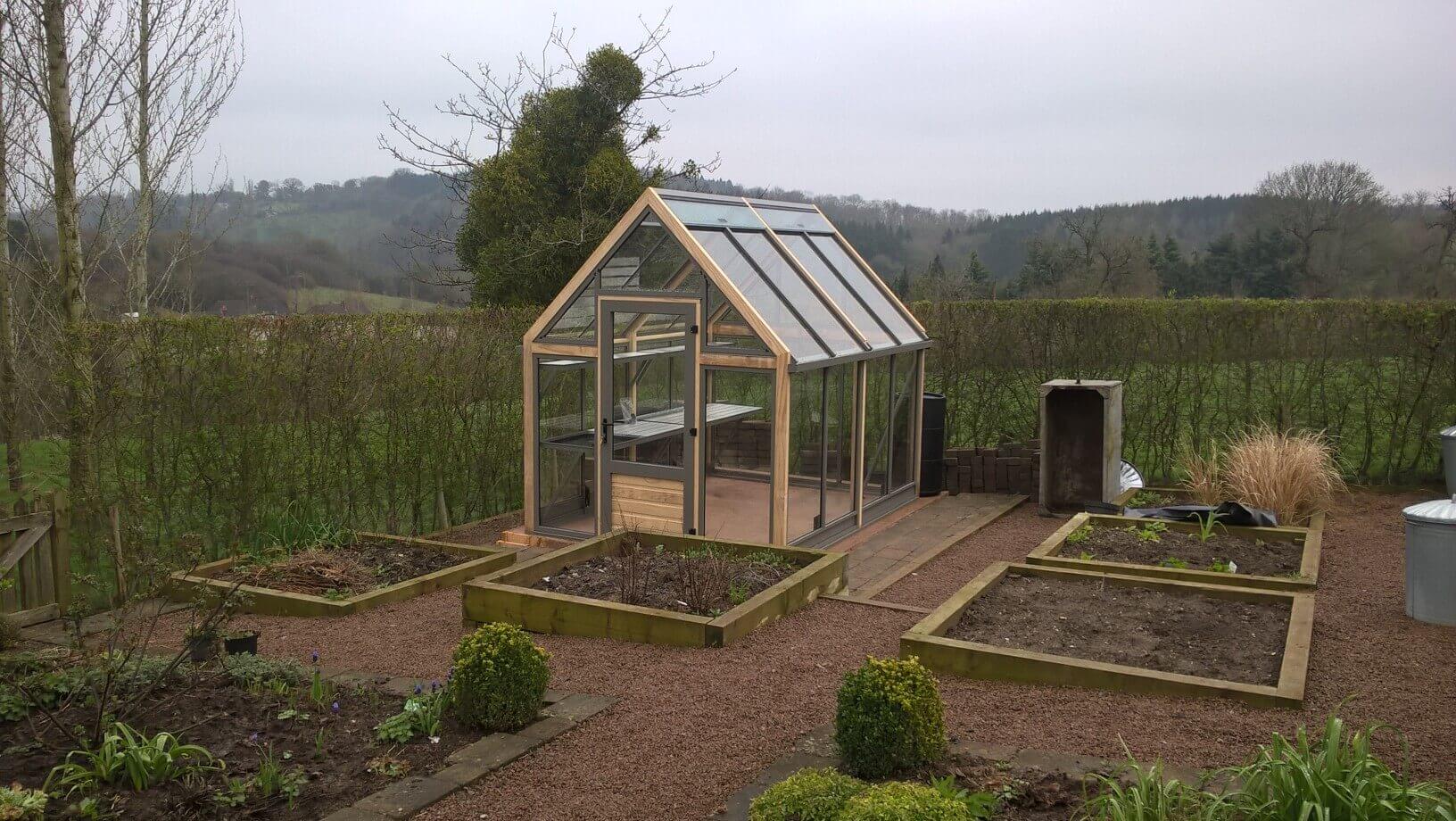 kitchen garden,raised beds, greenhouse